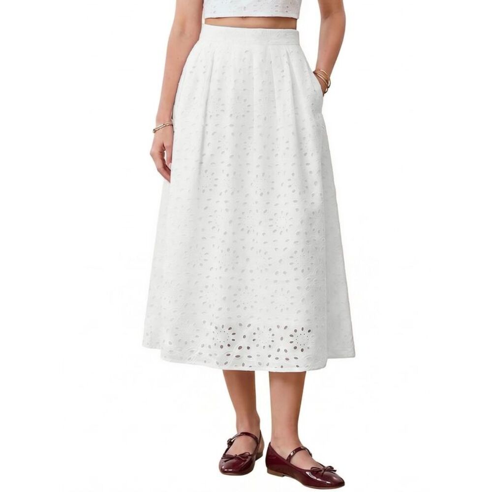 Women Boho Skirts High Waist A Line Flowy Eyelet Maxi Skirts White